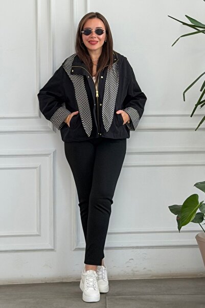 yb yağmur butik Hooded Short Trench Coat with Gingham Detail