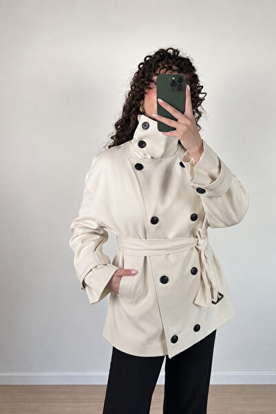 Felya Women's Stone Belted Double-Breasted Stand Collar Jacket Regular Fit