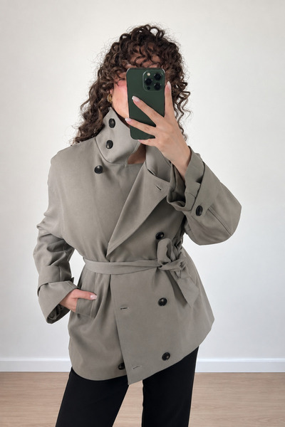 Felya Women's Khaki Belted Double-Breasted Stand Collar Jacket Regular Fit