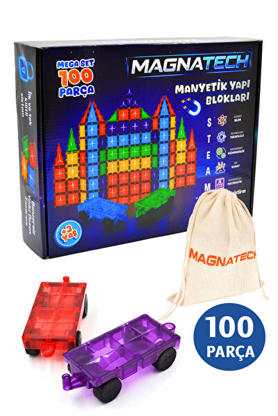 magnatech Manyetik Yapı Blokları | 100 Parça | 2 Adet Araba Dahil | Mıknatısl...