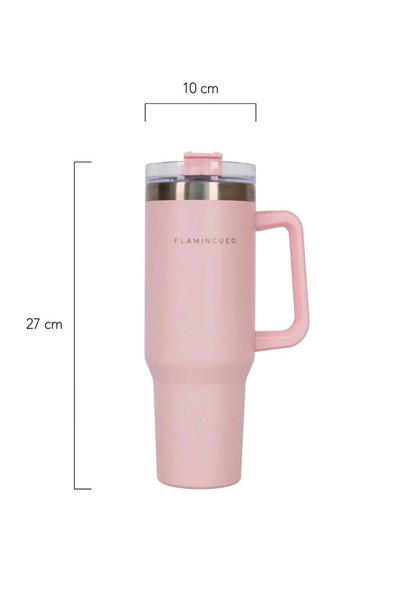Flamingueo Cană termos cu mâner și pai Flamingueo, 1,18 L, roz deschis, cană termoizolantă din oțel inoxidabil, 24 h rece / 10 h cald