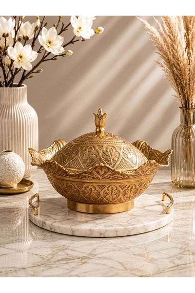 Generic Ottoman-Style Brass Sugar Bowl with Lid | Elegant Gold Finish | Large...