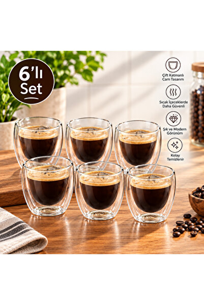 WORKPASAJ 6lı ÇİFT CAMLI ÇİFT ÇIDARLI ESPRESSO BARDAĞI