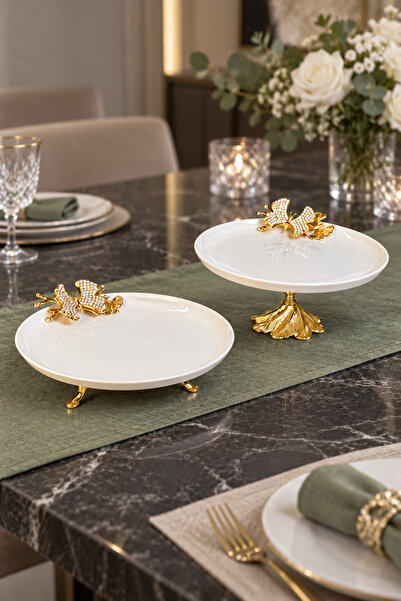 MAY HOME 2'Li Porselen Gold Metal Ayaklı Sunumluk Servislik & Papatya Detaylı...