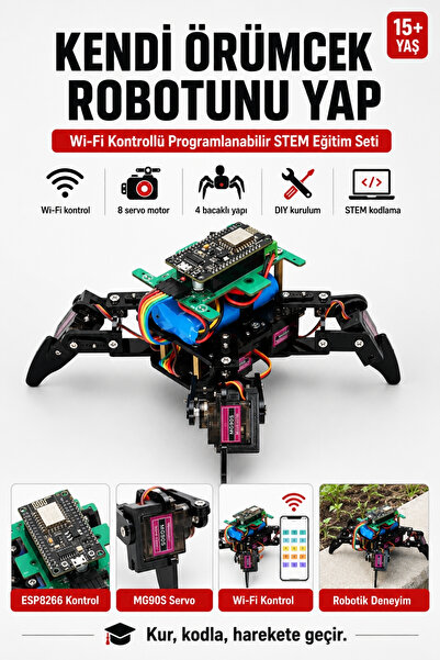 Fuchsia Arduino Örümcek Robot Kiti WiFi Kontrollü 8 Servo Motorlu Programlana...
