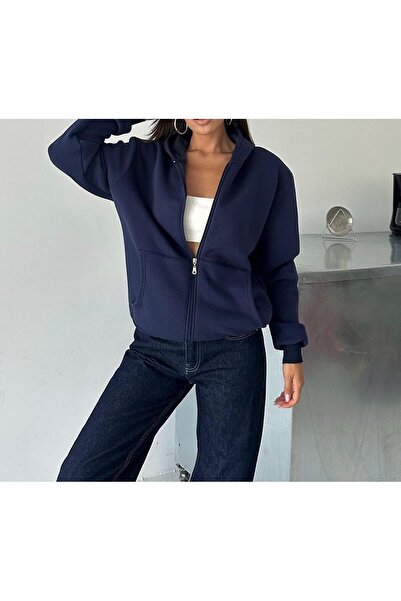 Kadın 3 İplik kompak penye pomuk unisex Oversize Fermuarlı Kapüşonlu Cepli hırka Sweatshirt Hoodie