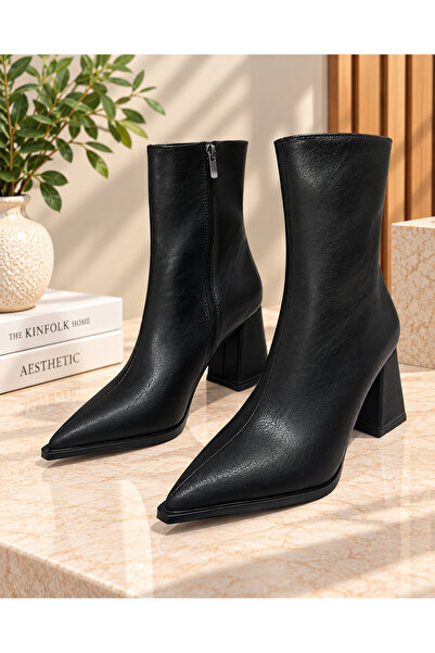 RoseVeno Pointed Toe Thick Heel Side Zipper Black Daily Comfortable Heeled Boots