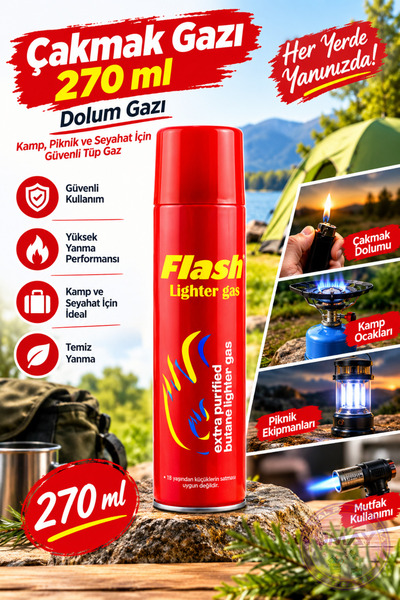Flash Çakmak Gazı 270 ml Çakmak Dolum Gazı Tüp Gaz Kamp Piknik Seyahat İçin