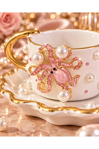 luxurychampagnetr Tek Kişilik Ahtapot Detaylı Taşlı Kahve Fincanı – Özel Tasa...