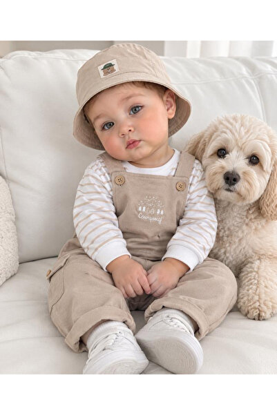 Bolly Baby Safari Şapkalı Nakışlı Şeritli Sweatshirt Salopet Erkek Bebek Takım