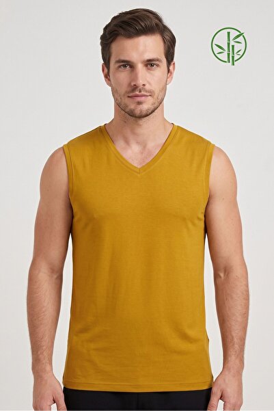 OBJE Men's Mustard Bamboo V-Neck Zero Sleeve T-Shirt