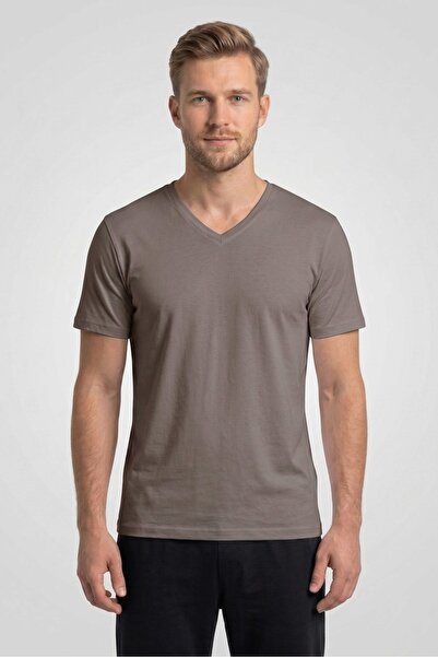 OBJE Men's Earth Color Bambo V-Neck Half Sleeve T-Shirt
