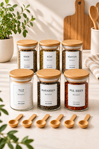 KaiHome Bambu Vakum Kapaklı 300ml 6lı Cam Baharat Seti 6 Adet Ahşap Kaşık