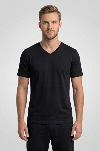 OBJE Men's Black Bambo V-Neck Half Sleeve T-Shirt