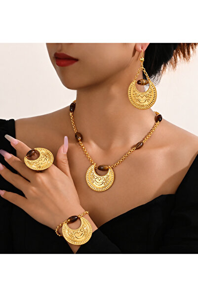 Generic Vintage Gold-Tone Jewellery Set with Brown Stones, Crescent Moon Desi...