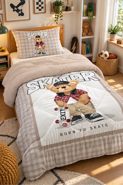 Evmila Çift Taraflı Teddy Skater Cool Desenli Kapitone Yorgan - Tek Kişilik Kişilik Uyku Seti