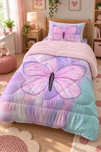 Evmila Mor Kelebek Peluş Uyku Seti - 160x220 Wellsoft Yorgan, 90x190 Lastikli Çarşaf Dahil Set