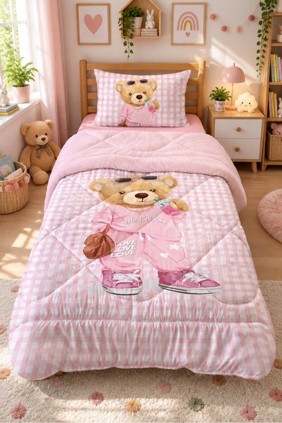 Evmila Pembe Ekose Desenli ve teddy figürlü Tek Kişilik 160x220 Cm Welsoft Çift Taraflı Yorgan Ve Uyku Seti