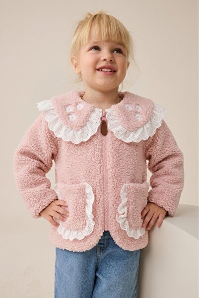 PARK BEBE Kız Bebek Peluş Ceket Nakışlı ve Dantel Bebe Yaka Detaylı Yumuşak D...