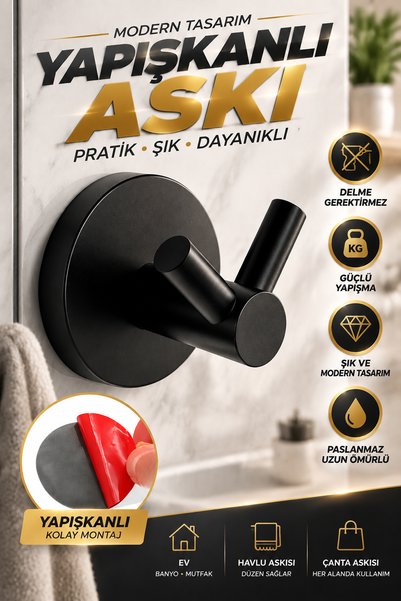 NZB Yapışkanlı Metal Sağlam Banyo Lavabo Çatal 2'li Askılık Aparat Bornoz Hav...