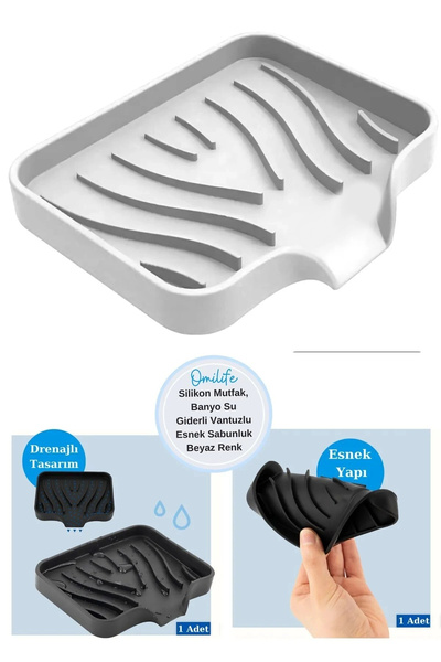 TİNEKE HOME Silikon Mutfak, Banyo Su Giderli Vantuzlu Esnek Sabunluk BEYAZ Renk