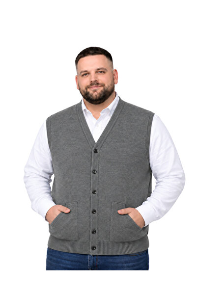 BattalModa Erkek Büyük Beden Füme Cepli Triko Yelek 3XL-4XL-5XL-6XL