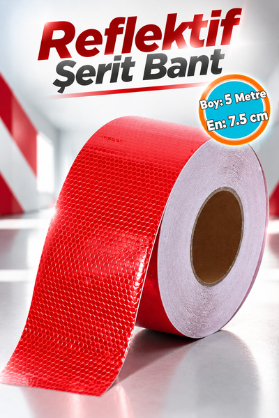 NZB Fosforlu Reflektörlü Bant Kırmızı Reflektif  Şerit Bant 7.5 cm 5 Metre İk...