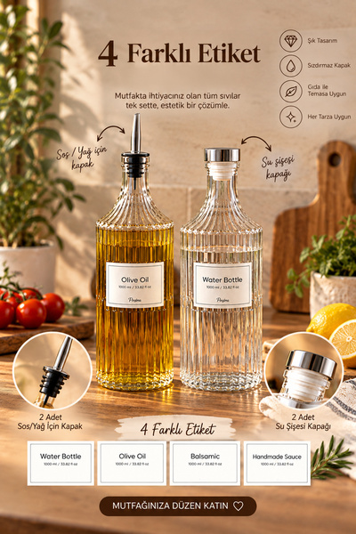 Porsima Viking 18113 2li 1000 ml Cam Şişe Yağlık Sirkelik Çift Kapaklı Gümüş
