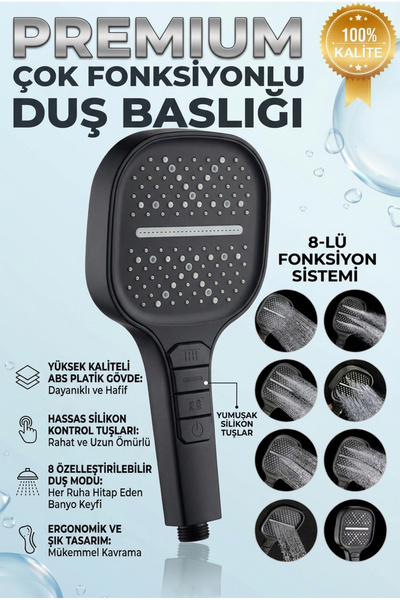 banyonatural Yüksek Basınçlı Piyano Basmalı El Duş Başlığı – Su Tasarruflu Siyah