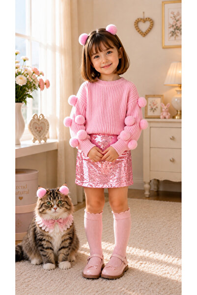 TREND NATURAL Kız Çocuk Bebek Pembe Ponponlu Kazak &Pullu Etek &Toka&Çorap Ta...
