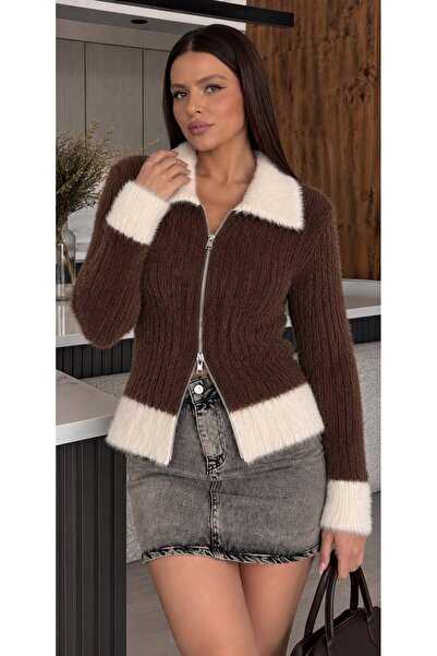 dağons Polo Collar Double Zipper Soft Textured Women's Beard Knitwear Cardigan
