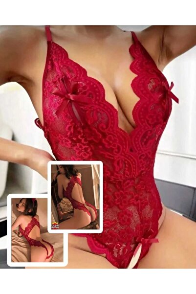 EFİL EFİL Kadın Kırmızı Özel Babydoll Tek Parça Sırtı Açık Bodysuit Dantelli,...