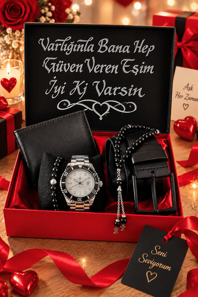 GulShop ERKEK HEDİYE METAL KOL SAATİ-SİYAH KEMER-CÜZDAN-HARFLİ TESBİH-BİLEKLİK