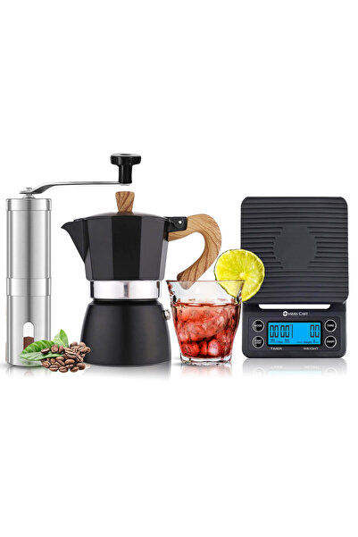 Omran Cart Moka Pot Coffee Set 300ml Espresso Maker, Scale, Grinder & 160ml C...