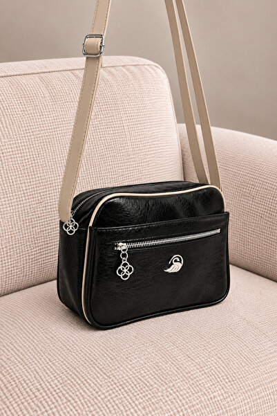 MILANOFOX Women's Multi-Compartment Black-Beige Faux Leather Bag with Frame D...