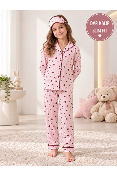 Novella18 Kız Çocuk Çizgili Kalp Desenli Düğmeli Pamuklu Uzun Kollu Pijama Ta...