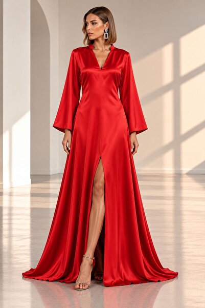 SERAVENZA COUTURE فستان ساتان أنيق بأكمام طويلة وفتحة أمامية مقاس ماكسي COU-107