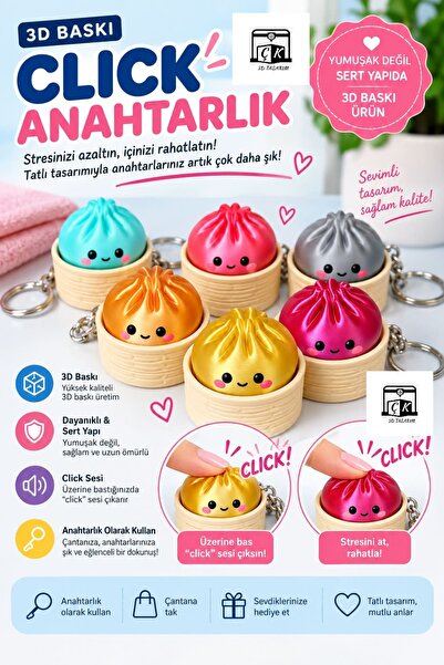 ÇK 3D TASARIM Çin Mantısı Clickerli Anahtarlık Sürpriz Renk (Sert Yapıda)