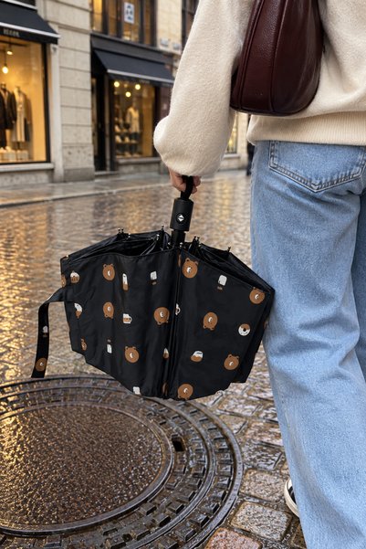 Chunky Frame Umbrelă neagră originală de calitate, cu model ursuleț de pluș, automată, cu funcții complete, pentru deschidere și închidere, din sârmă din fibră.