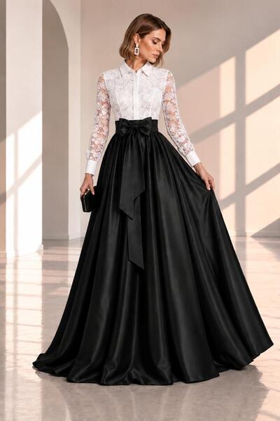 SERAVENZA COUTURE فستان قميص أنيق من ماكسي بوي مزين بالدانتيل مع حزام متحرك C...