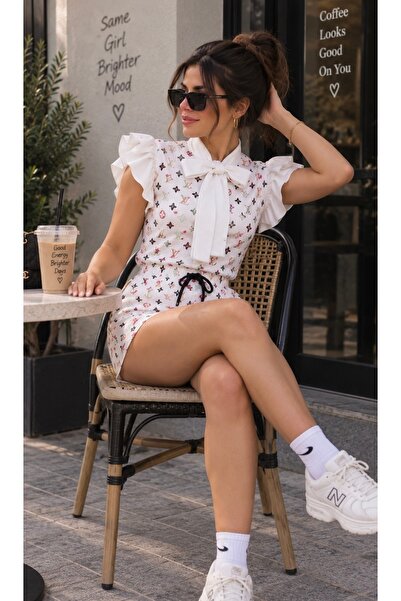 hipnoz butik KADIN YAKA FİYONK DETAYLI BEL LASTİKLİ ŞORT TULUM