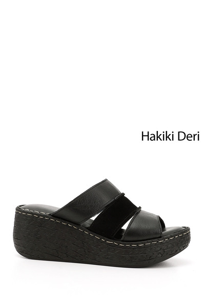 GÖNDERİ(R) Kadın Siyah Hakiki Deri Dolgu Tabanlı Terlik