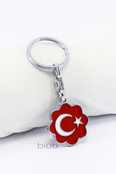 biuti Floral Red Turkish Flag Metal Keychain, Small Bag Ornament