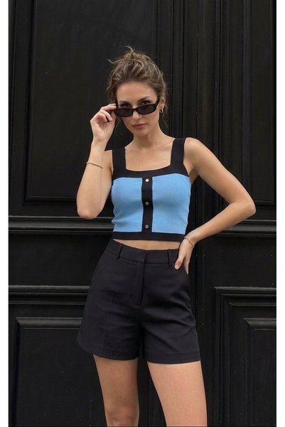 onno style women Strapless Sleeveless Button Detail Tricot Women's Bluz