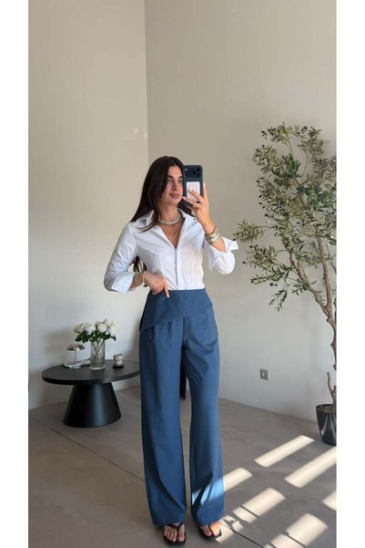 Bade Butik بنطال بالازو مفصل باللون الأزرق