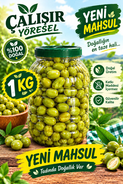 çalışır yöresel Hatay'dan Organik, Yeni Sezon (2026) Yeşil Kırma Zeytin (1 KG)