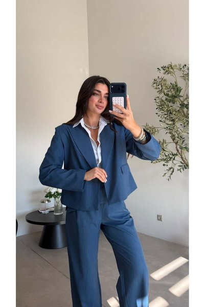 Bade Butik Blue Double-Breasted Collared Jacket