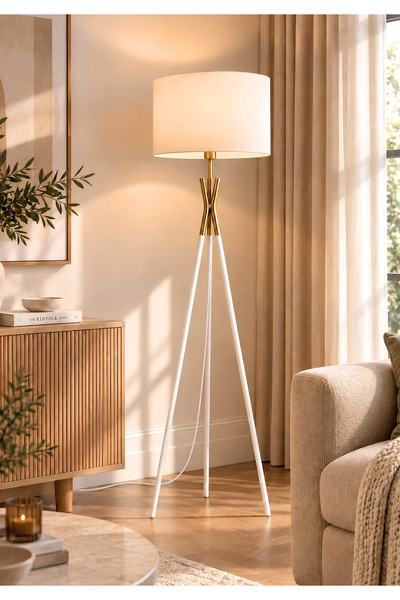 HOMİNG Noa Beyaz Gövde Antik Gold Detaylı Tripod Modern Lambader Krem Başlık