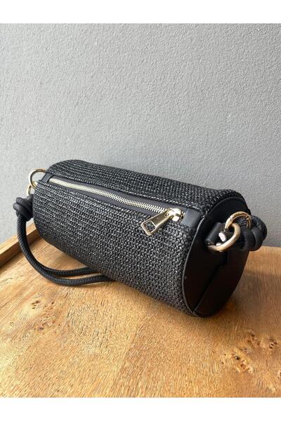 Nura Collection Black Straw Cylinder Model Women's Handbag with Leather Strap...