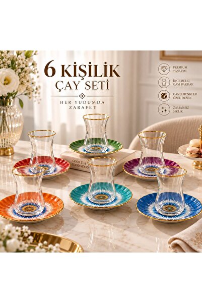Melinova 6 Kişilik 12 Parça Renkli Çay Takımı, Gold Detaylı Modern Tasarım